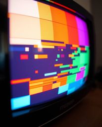 A captivating close-up photograph showcases a TV screen displaying a unique RGB separated glitch static effect in a retro sty