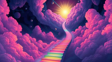 Explore a dreamlike surreal illustration featuring a vibrant, electric-colored stairway winding through smoky clouds towards 