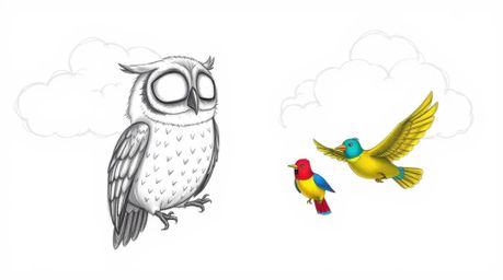 A heartwarming hand-drawn sketch portrays a blind, elderly owl with gentle features, softly guiding a diverse group of colorf