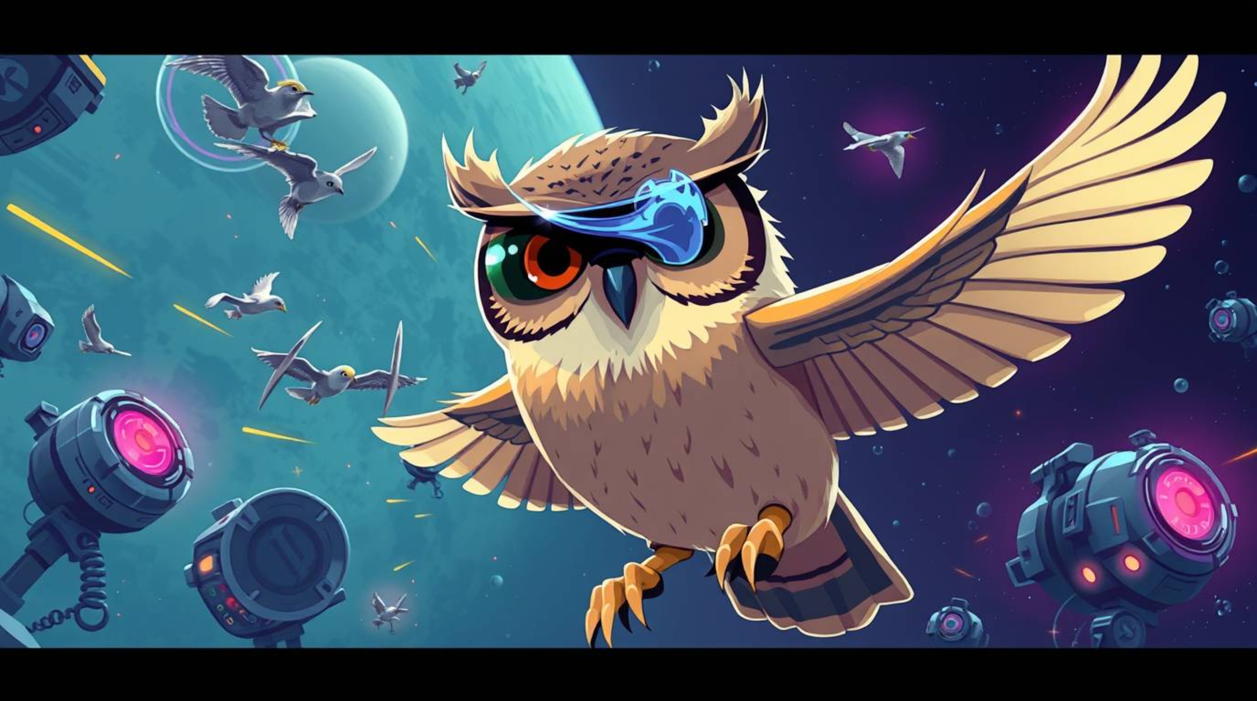A captivating futuristic sci-fi illustration depicts a blind owl, rendered with charming Pixar-like features, guiding birds o