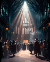 Discover a magical school brimming with young wizards, illuminated by rich, deep teal volumetric lighting.  Dust motes dance 