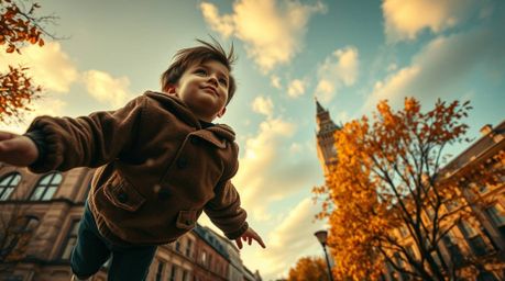 A captivating image of a young boy soaring above the London skyline with pixie dust, bathed in the warm hues of autumn.  Shot