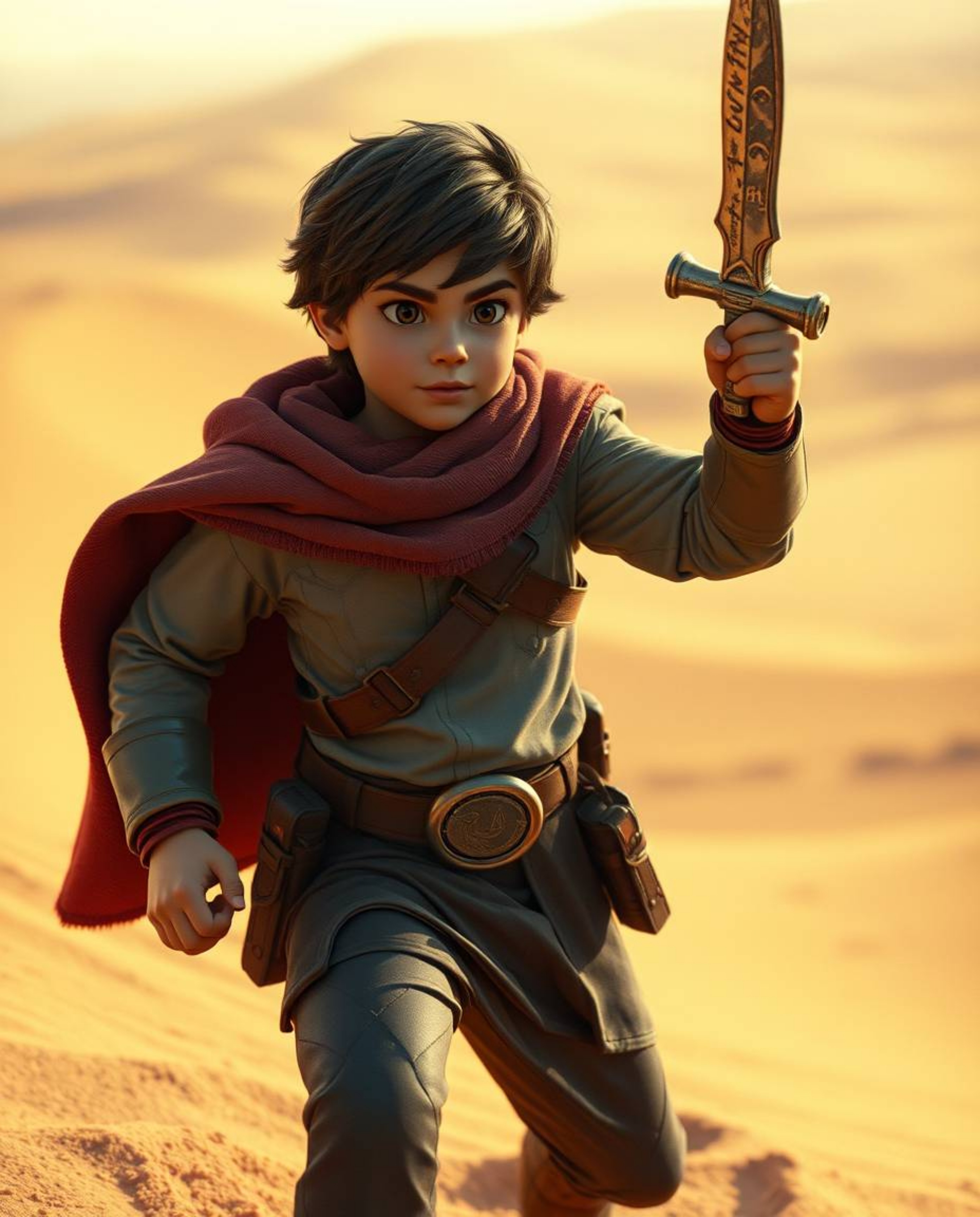 Embark on a thrilling desert adventure with a brave hero reminiscent of Disney's iconic style. This cinematic composition fe