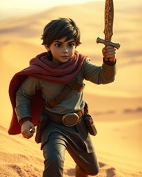 Embark on a thrilling desert adventure with a brave hero reminiscent of Disney's iconic style.  This cinematic composition fe
