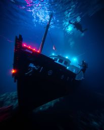 Dive into a mesmerizing world of abstract underwater art. This piece showcases a dynamic shipwreck illuminated in electric vi