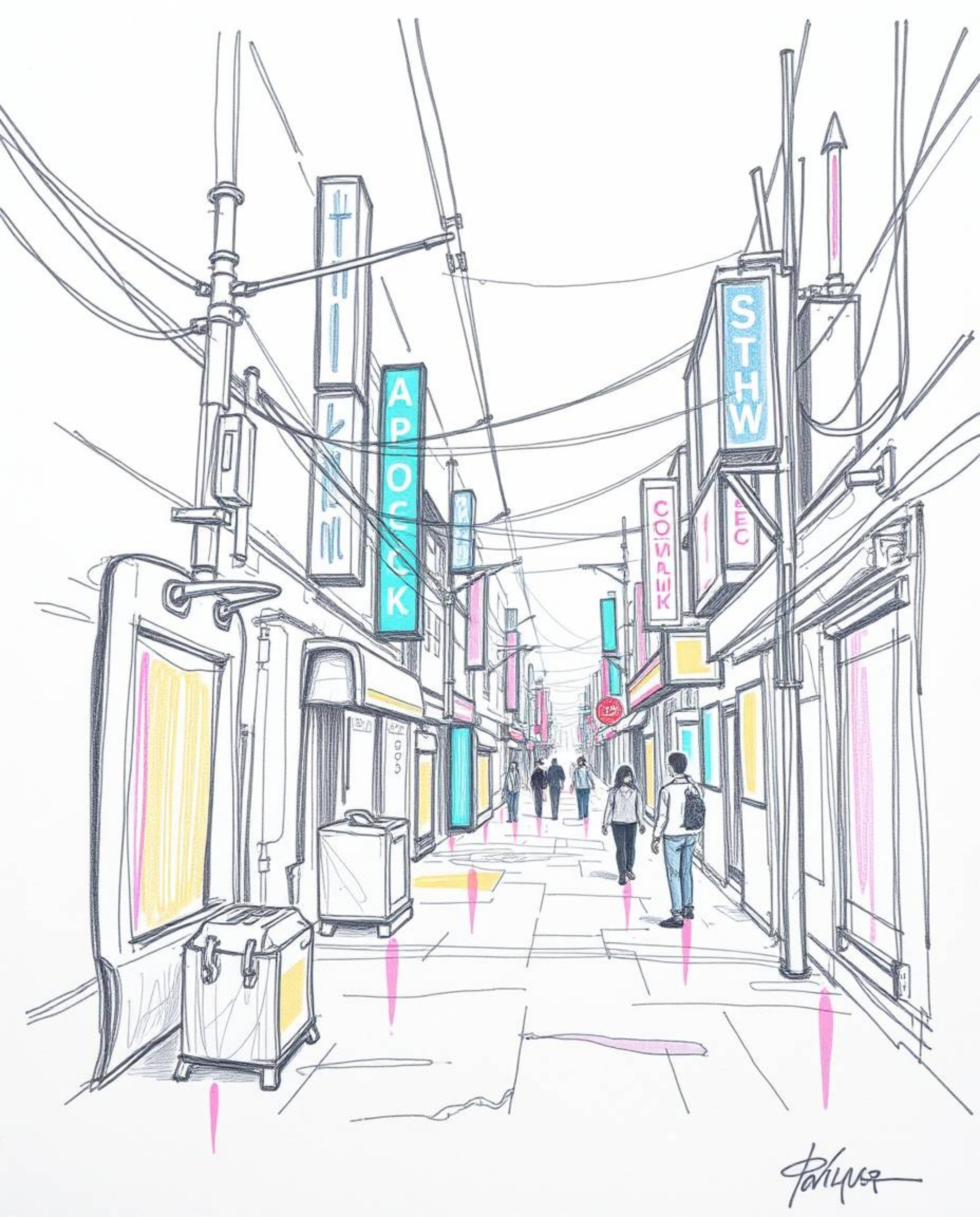 A captivating hand-drawn sketch depicting a cyberpunk street scene, infused with iridescent colors and a pixelated glitch eff