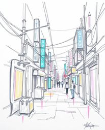 A captivating hand-drawn sketch depicting a cyberpunk street scene, infused with iridescent colors and a pixelated glitch eff