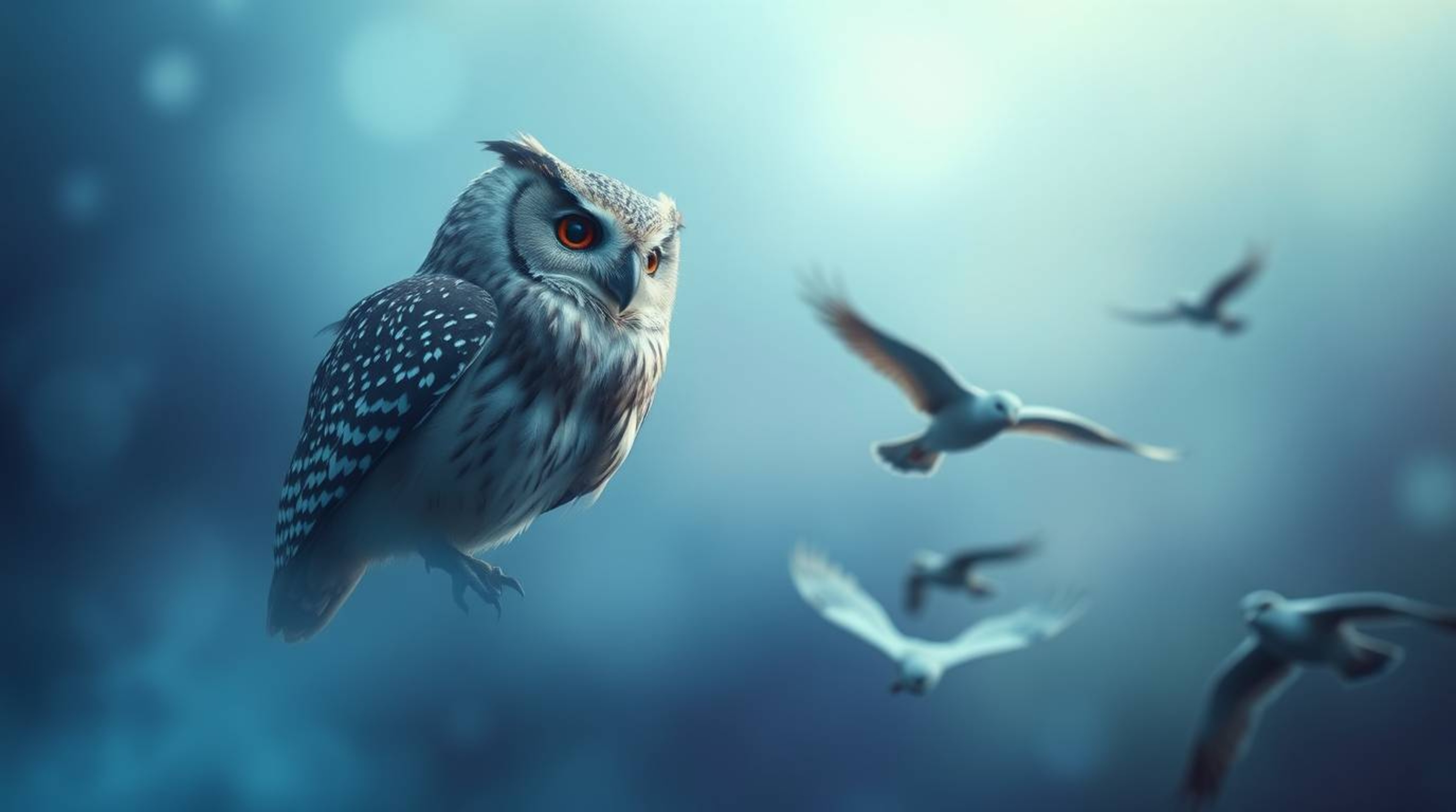 In a long exposure photograph that is both ethereal and spiritual, a blind owl designed in a Pixar style looks proudly at bir