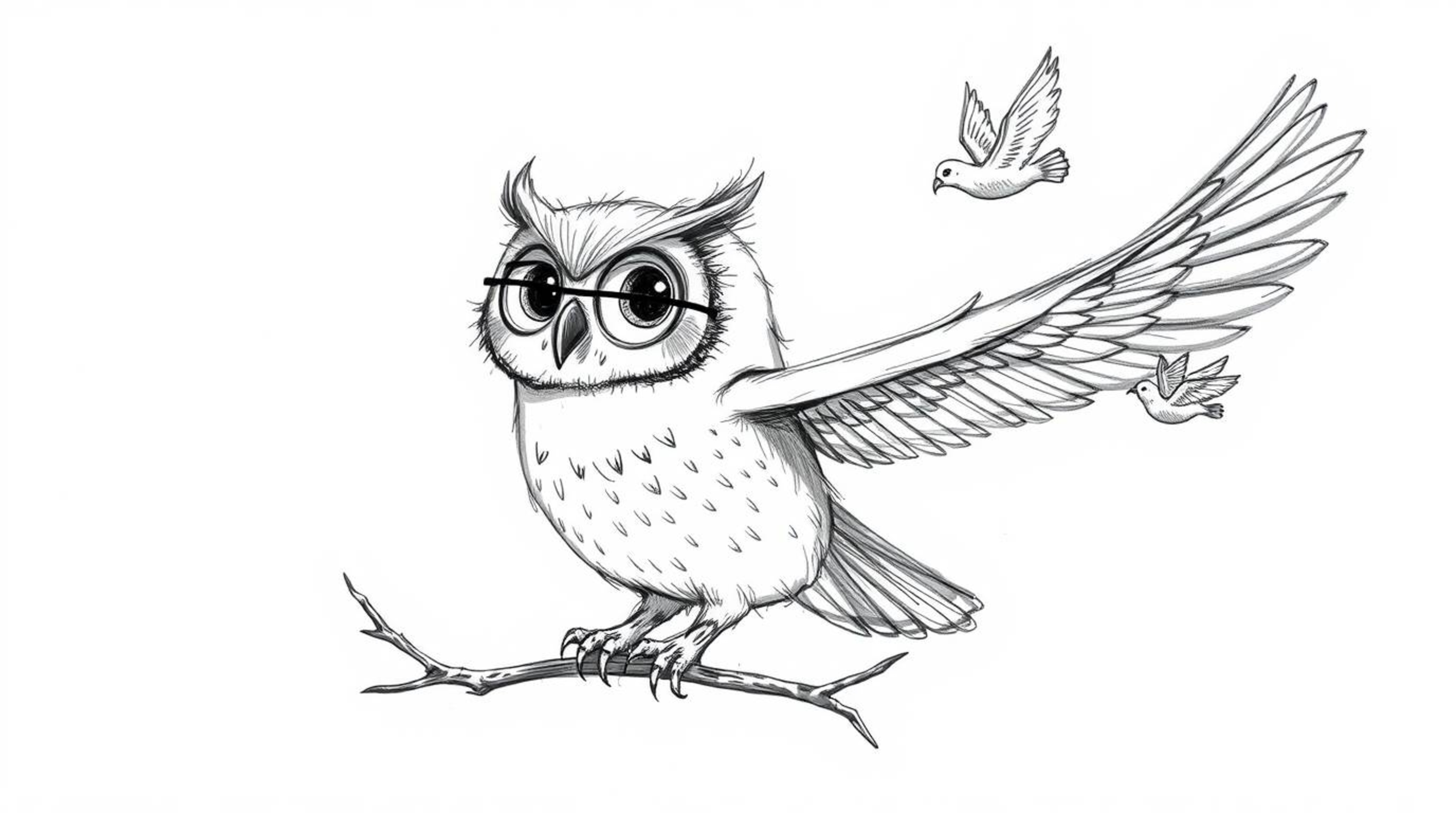 A heartwarming hand-drawn sketch in the style of Pixar depicts a blind owl, its soft curves and expressive eyes conveying wis
