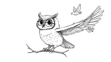 A heartwarming hand-drawn sketch in the style of Pixar depicts a blind owl, its soft curves and expressive eyes conveying wis
