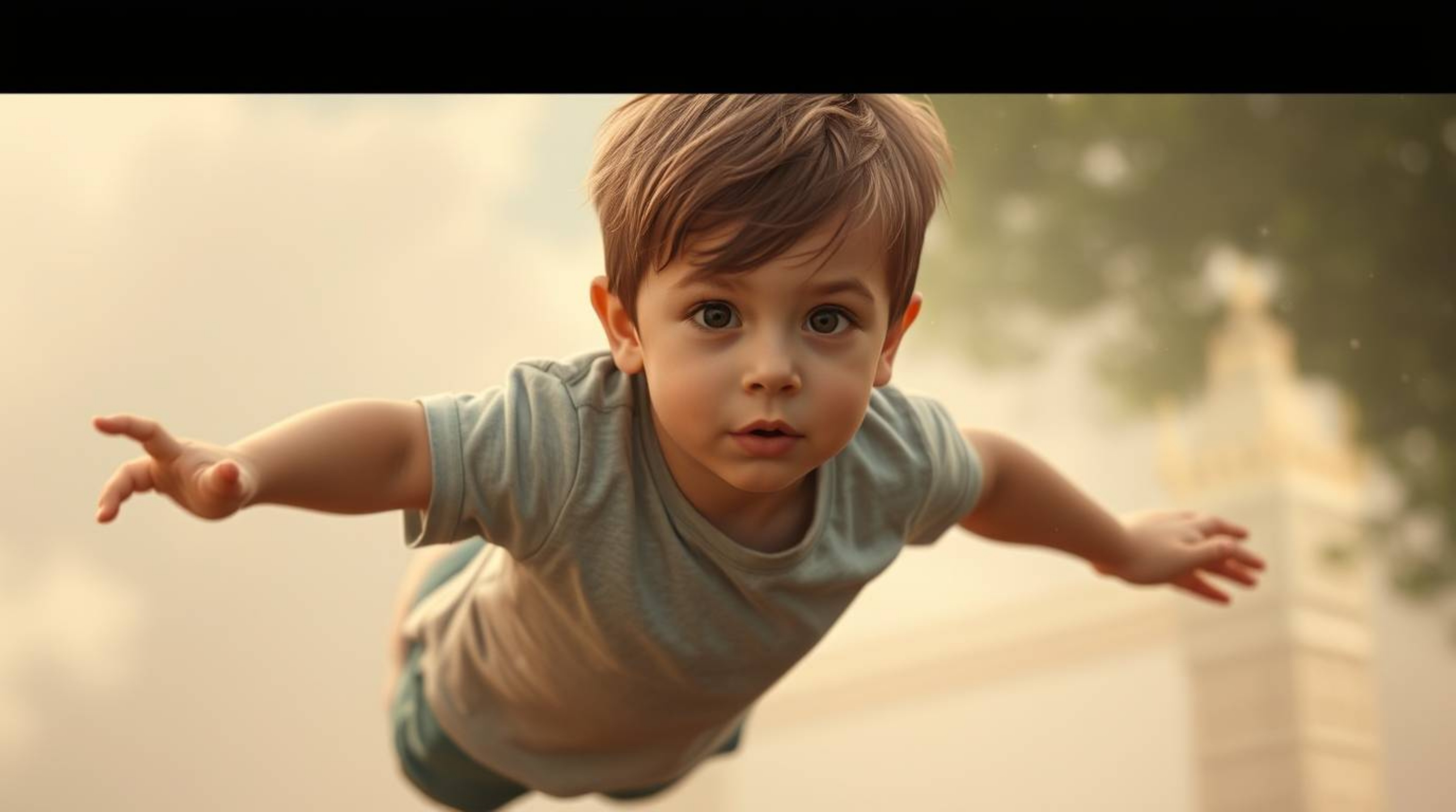 A captivating scene depicts a young boy with gentle features and fair skin, soaring above a hazy, softly focused London skyli