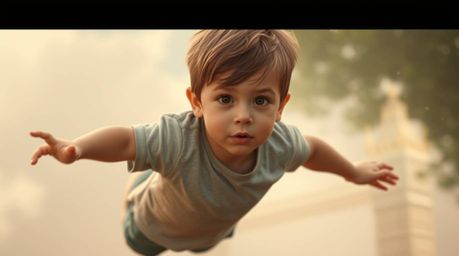 A captivating scene depicts a young boy with gentle features and fair skin, soaring above a hazy, softly focused London skyli