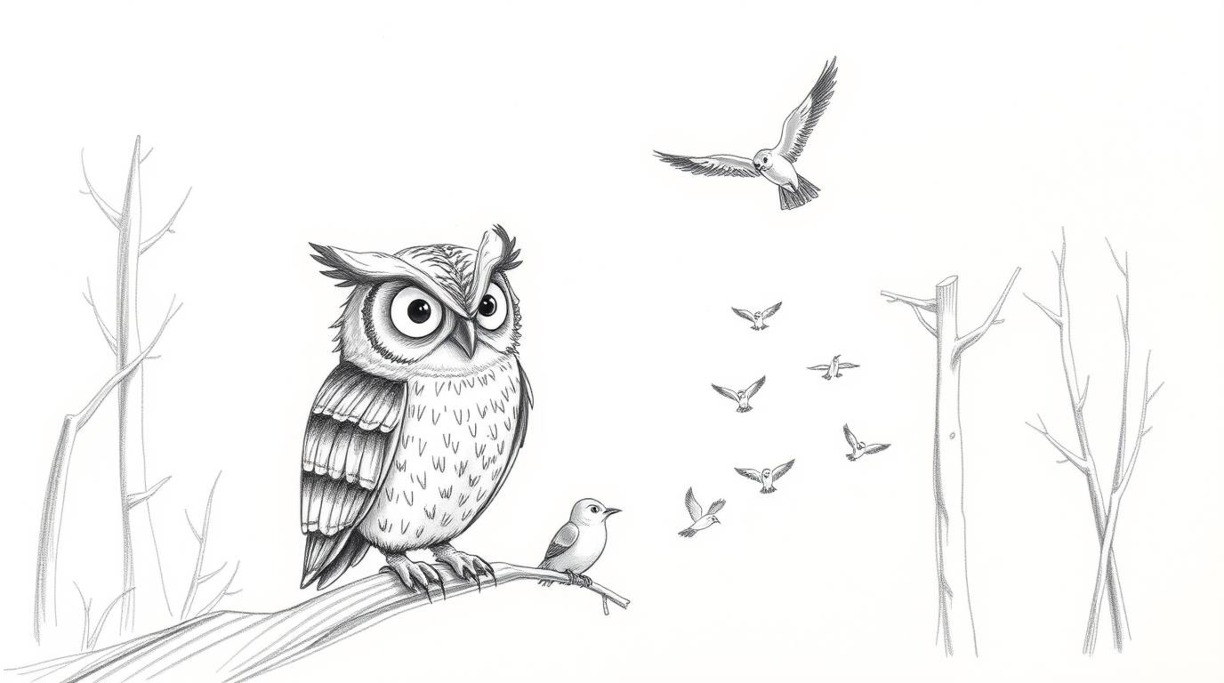 A charming hand-drawn sketch in the style of Pixar depicts a wise-looking blind owl patiently guiding several small birds in 