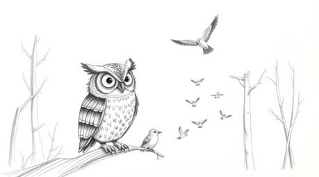 A charming hand-drawn sketch in the style of Pixar depicts a wise-looking blind owl patiently guiding several small birds in 