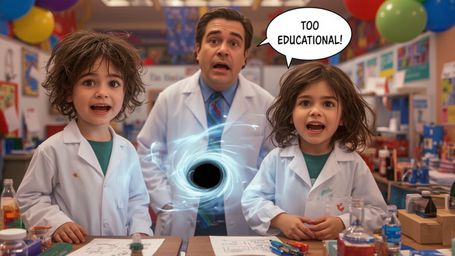 In a vibrant, cinematic photograph rendered in a hyper-realistic, Pixar-inspired style, a dynamic science fair duo unwittingl