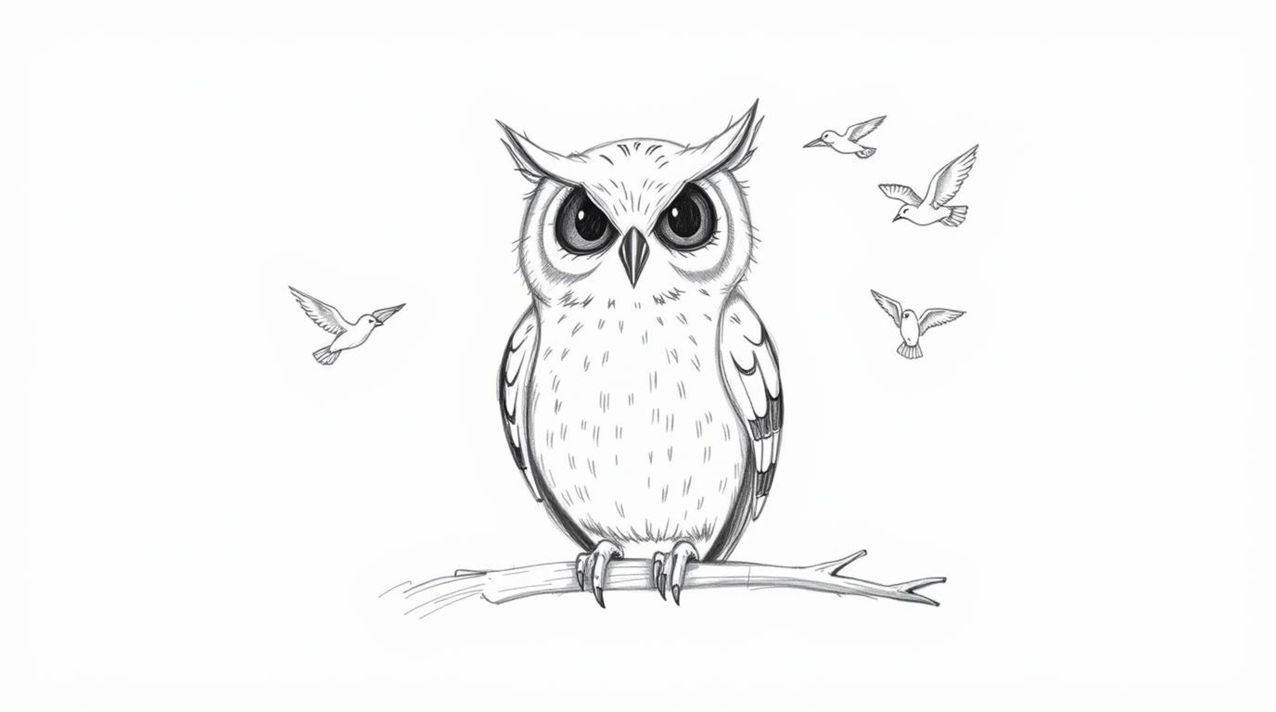 A hand-drawn sketch reminiscent of Pixar, portrays a gentle, blind owl with a soft, feathery texture, peacefully perched as s