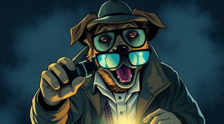 A thrilling illustration depicts a dog detective immersed in a high-stakes investigation, utilizing advanced technology.  The