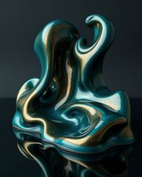 This stunning 3D sculptural art piece features fluid mercury shapes with a highly reflective surface, bathed in studio lighti