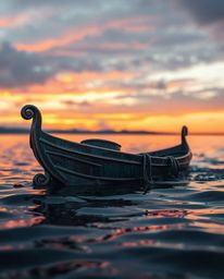 An antique cast bronze boat is depicted adrift on a lake at sunset, captured in a wet, rainy scene. The sculpture features a 