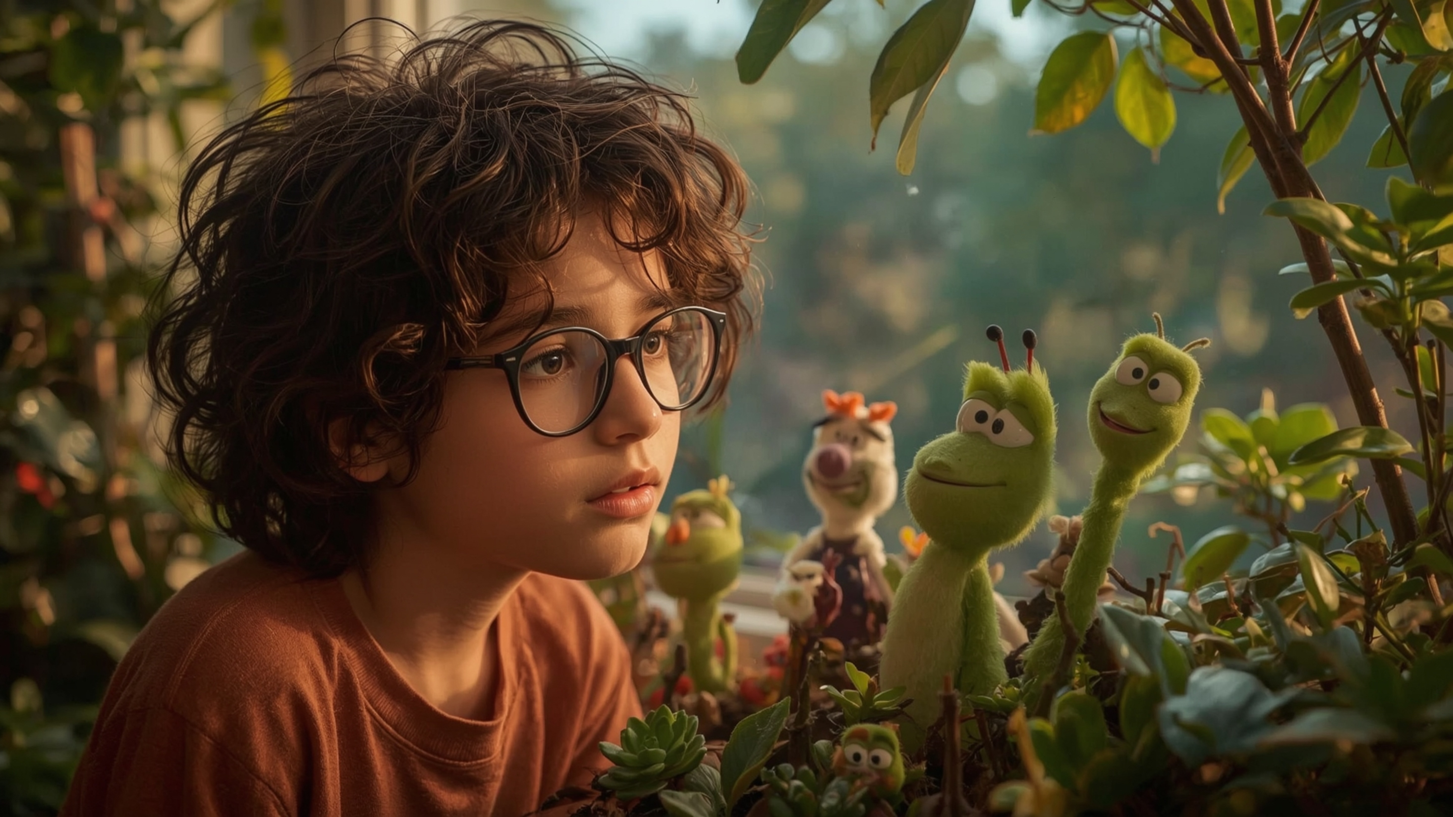 In a vibrant, cinematic photograph inspired by Pixar's style, a young, bespectacled homeschooled genius is surrounded by a lu