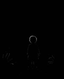 A child stumbles upon a mysterious, magical portal hidden in their eerie backyard. The scene is steeped in deep shadows and