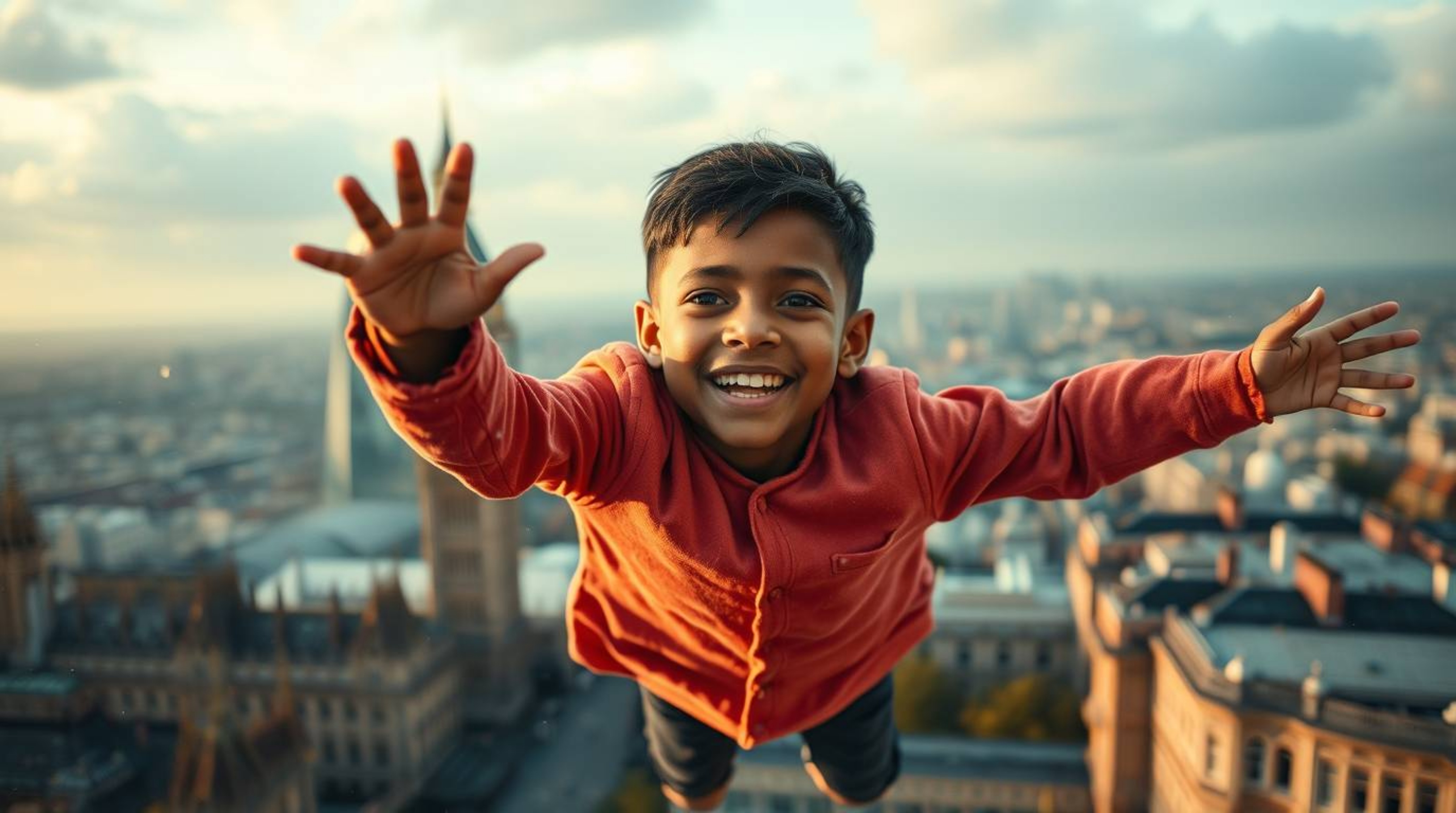 A captivating fine art photograph depicts a young boy with light brown skin soaring above the London skyline, sprinkled with 