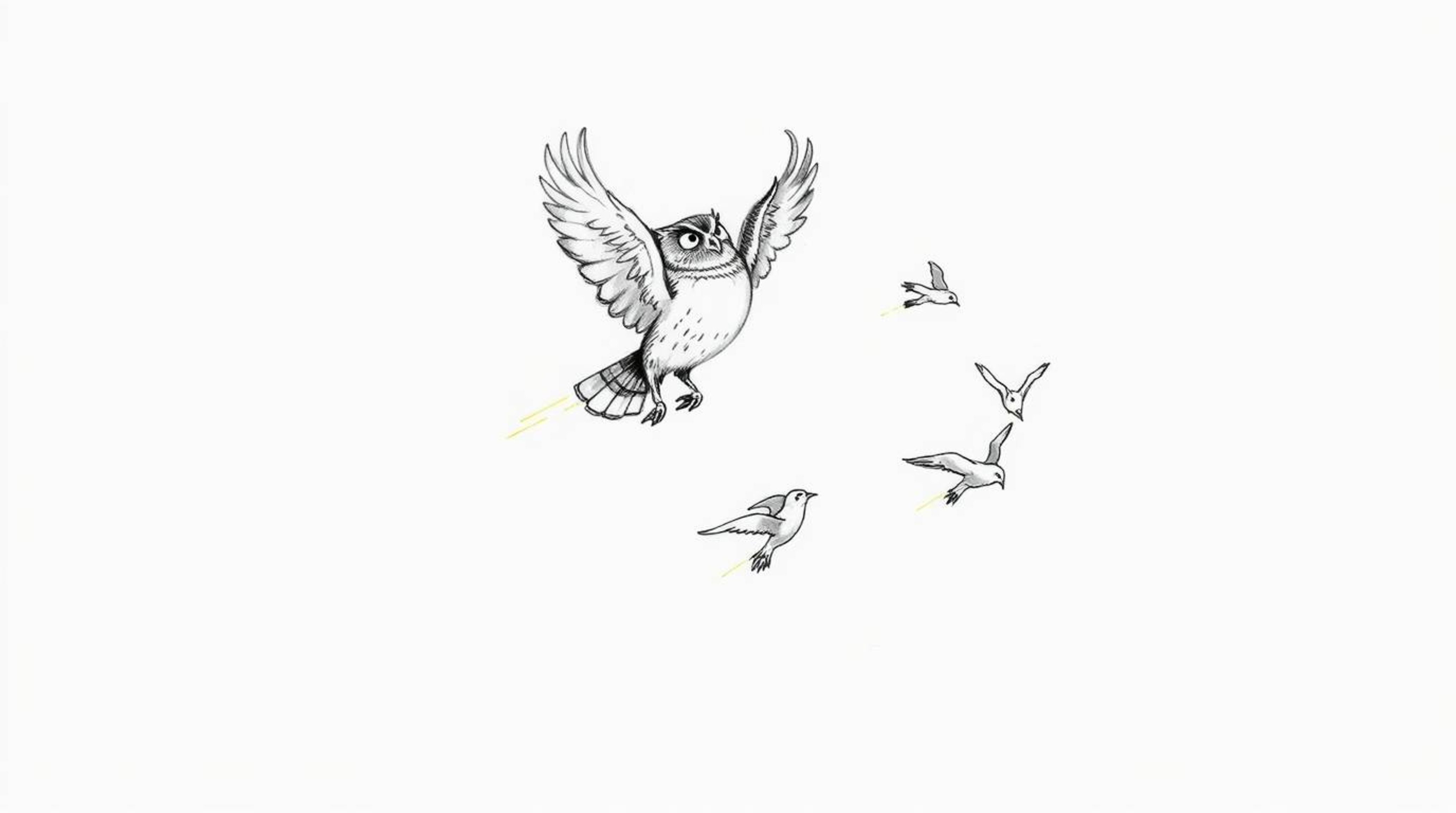 A captivating hand-drawn sketch in the style of Pixar depicts a blind owl gracefully mid-flight, guiding several birds as the