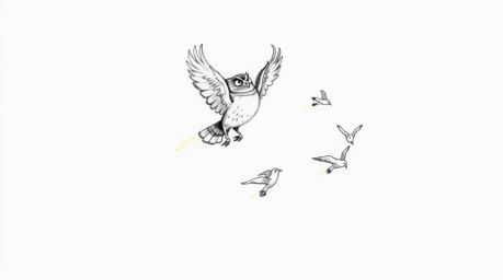 A captivating hand-drawn sketch in the style of Pixar depicts a blind owl gracefully mid-flight, guiding several birds as the