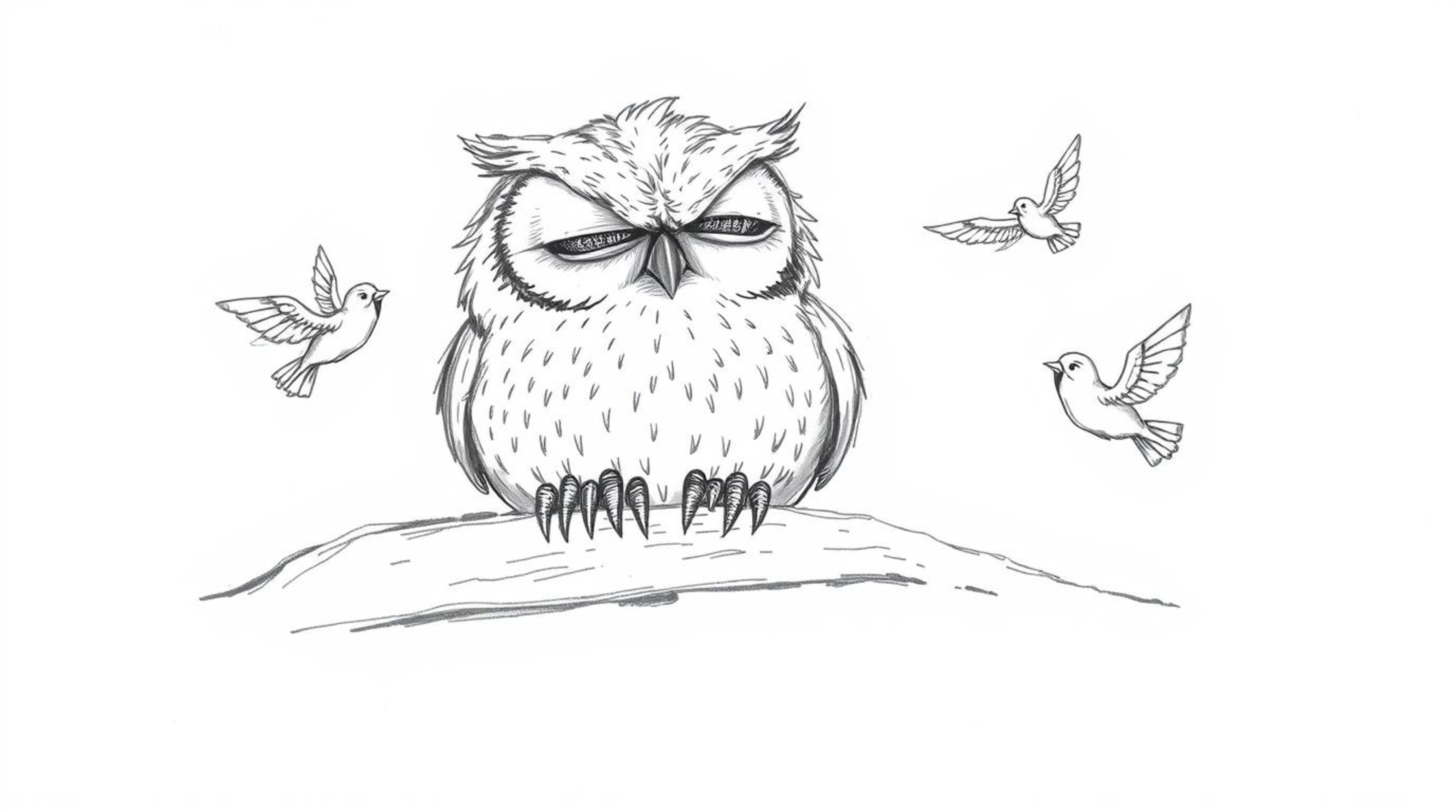 A heartwarming hand-drawn sketch reminiscent of Pixar animation showcases a wise, blind owl with intricately detailed feather