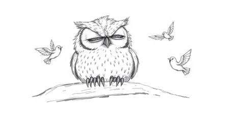 A heartwarming hand-drawn sketch reminiscent of Pixar animation showcases a wise, blind owl with intricately detailed feather