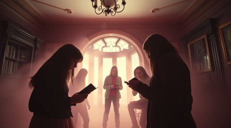 A surreal image captures a group of teens solving mysteries within the eerie confines of a haunted mansion. Rendered in soft,