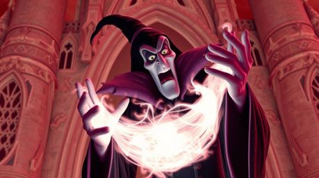 A captivating high-resolution infrared image depicts a classic Disney villain with exaggerated features casting a spell withi