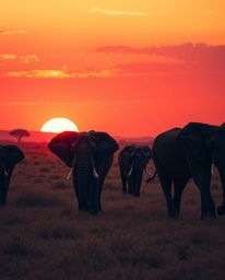 A warm-toned image of elephants walking across a field at sunset, with rich reds, oranges, and yellows dominating the palette
