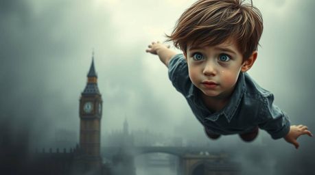 A young boy with tousled brown hair and bright eyes, sprinkled with iridescent pixie dust, soars above a low-visibility Londo