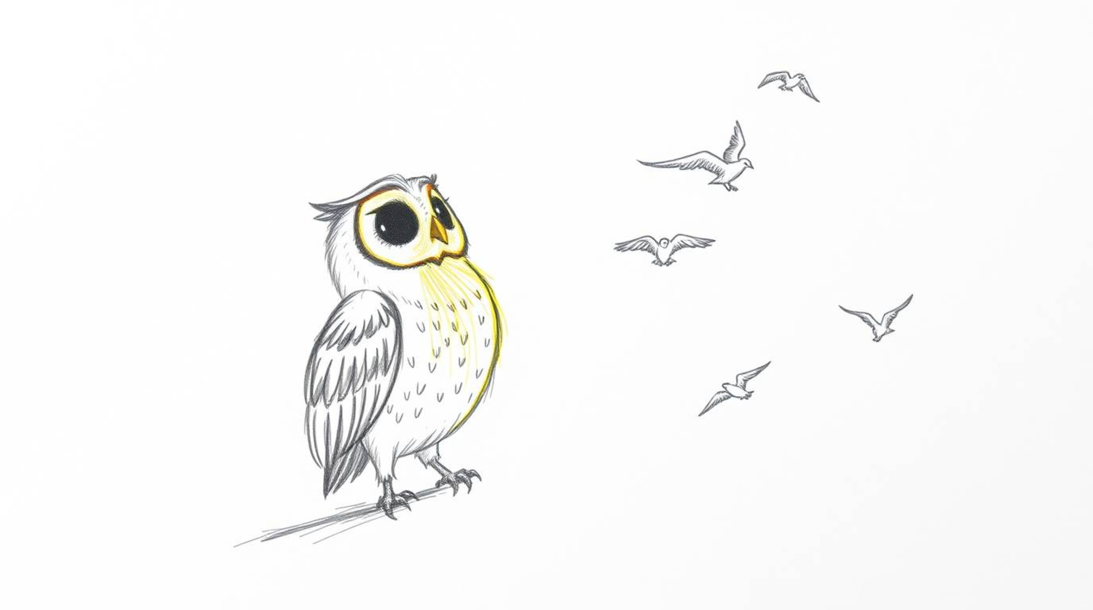 A heartwarming hand-drawn sketch in Pixar style depicts a blind owl with radiant, glowing feathers illuminated by a single su