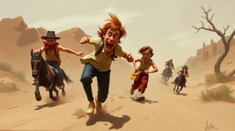 This classic oil painting depicts a dynamic chase scene brought to life with exaggerated squash and stretch animation techniq