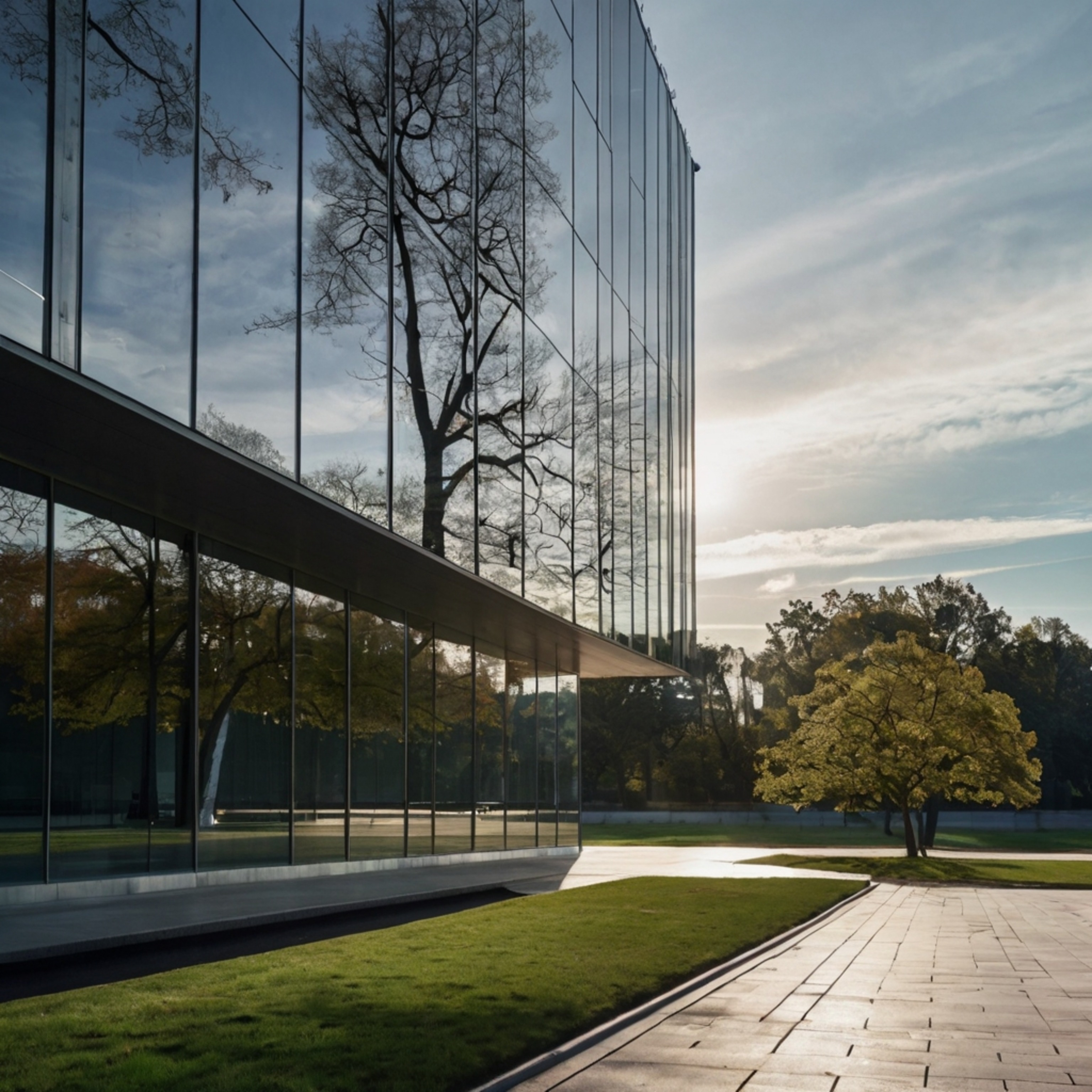 This contemporary museum boasts a stunning architectural design, featuring expansive glass windows that beautifully reflect t