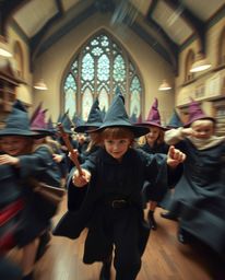Experience the enchantment of a magical school brimming with young wizards in vibrant action. This professional photograph ca