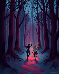 Explore a mystic and enchanting forest with this sophisticated illustration, showcasing a group of friends wielding unique po