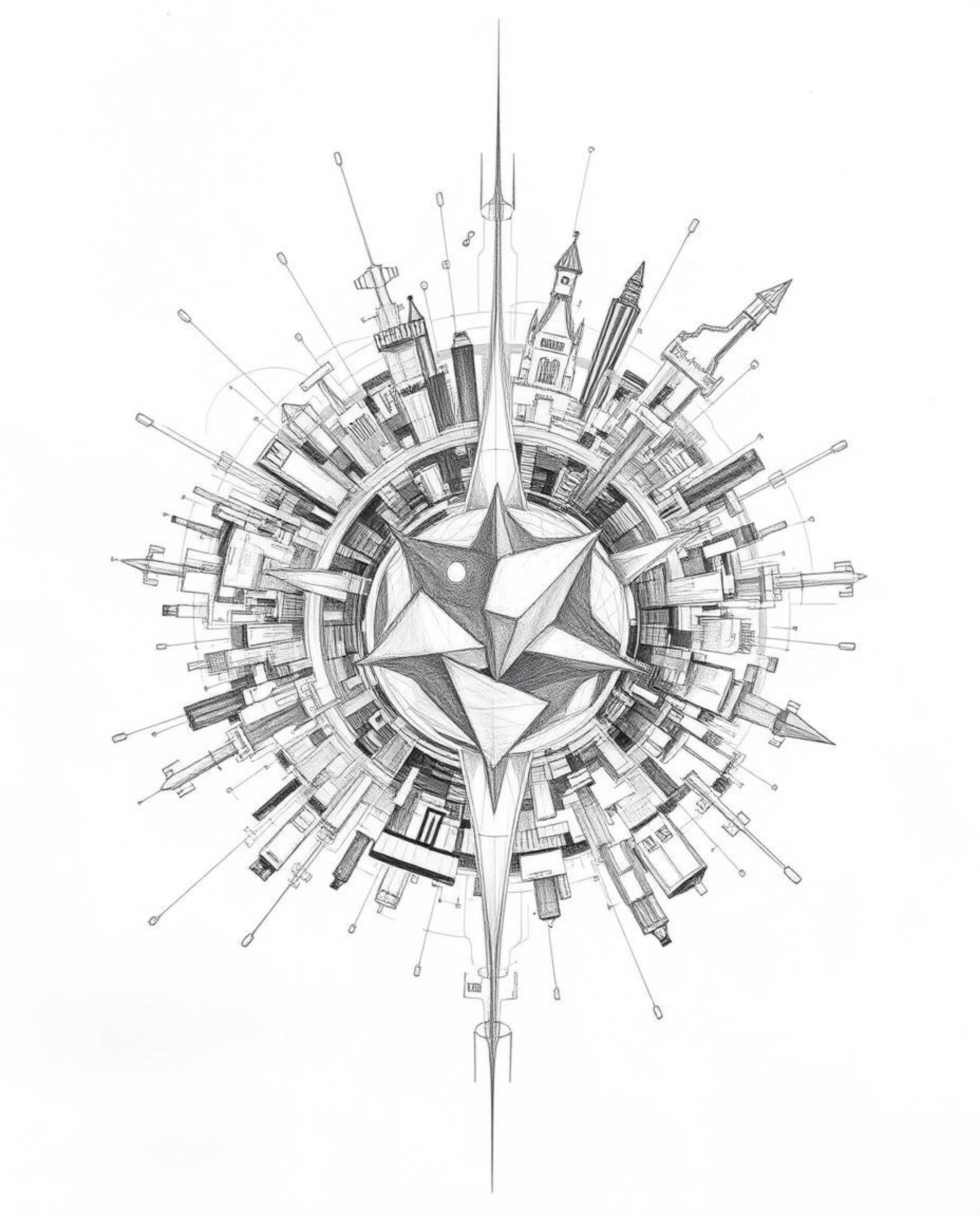 A captivating hand-drawn sketch of an abstract city map, composed of geometric shapes and rendered with intense dramatic ligh