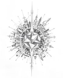 A captivating hand-drawn sketch of an abstract city map, composed of geometric shapes and rendered with intense dramatic ligh