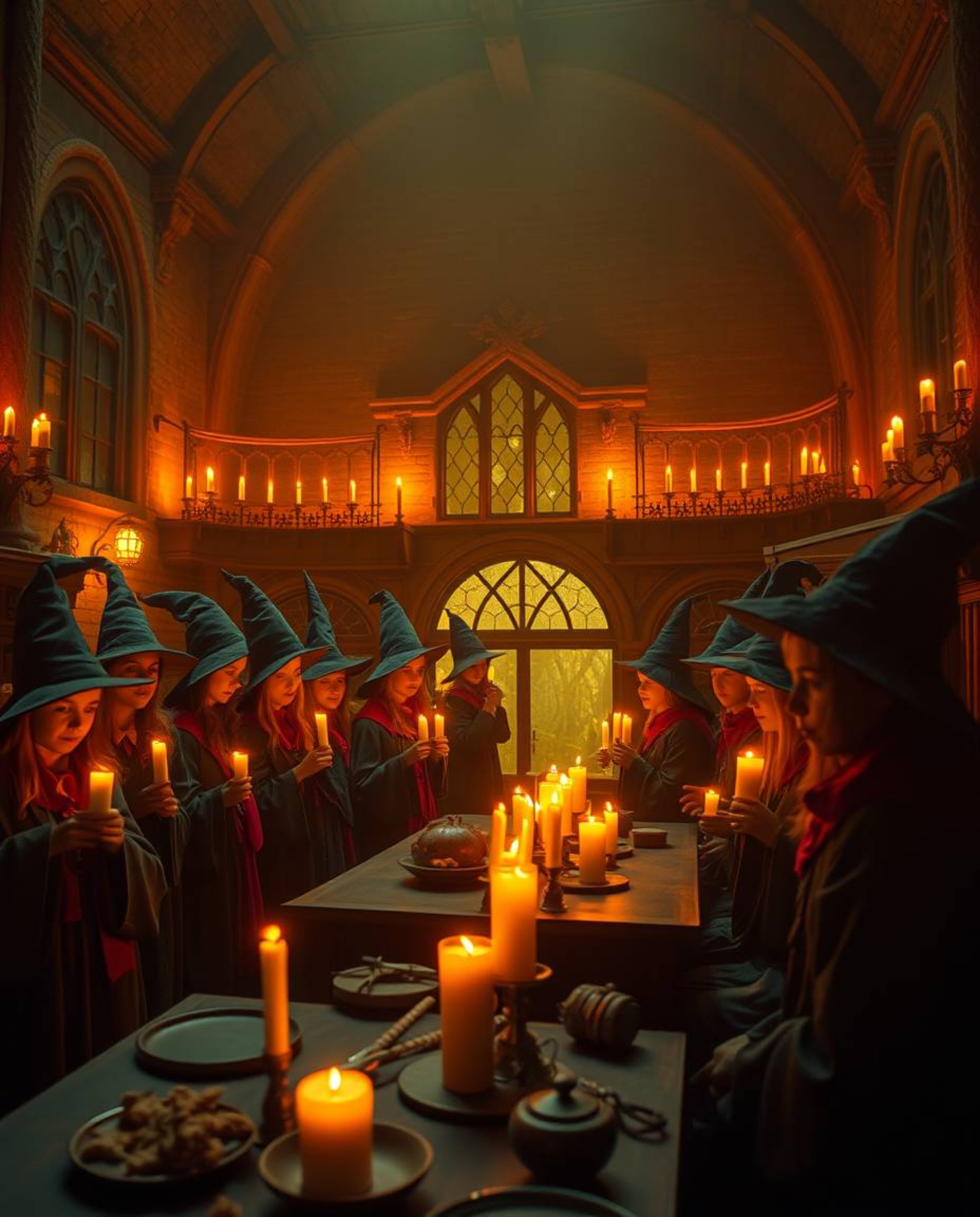 Immerse yourself in a magical school brimming with young wizards, bathed in the warm, flickering glow of candlelight. Rendere