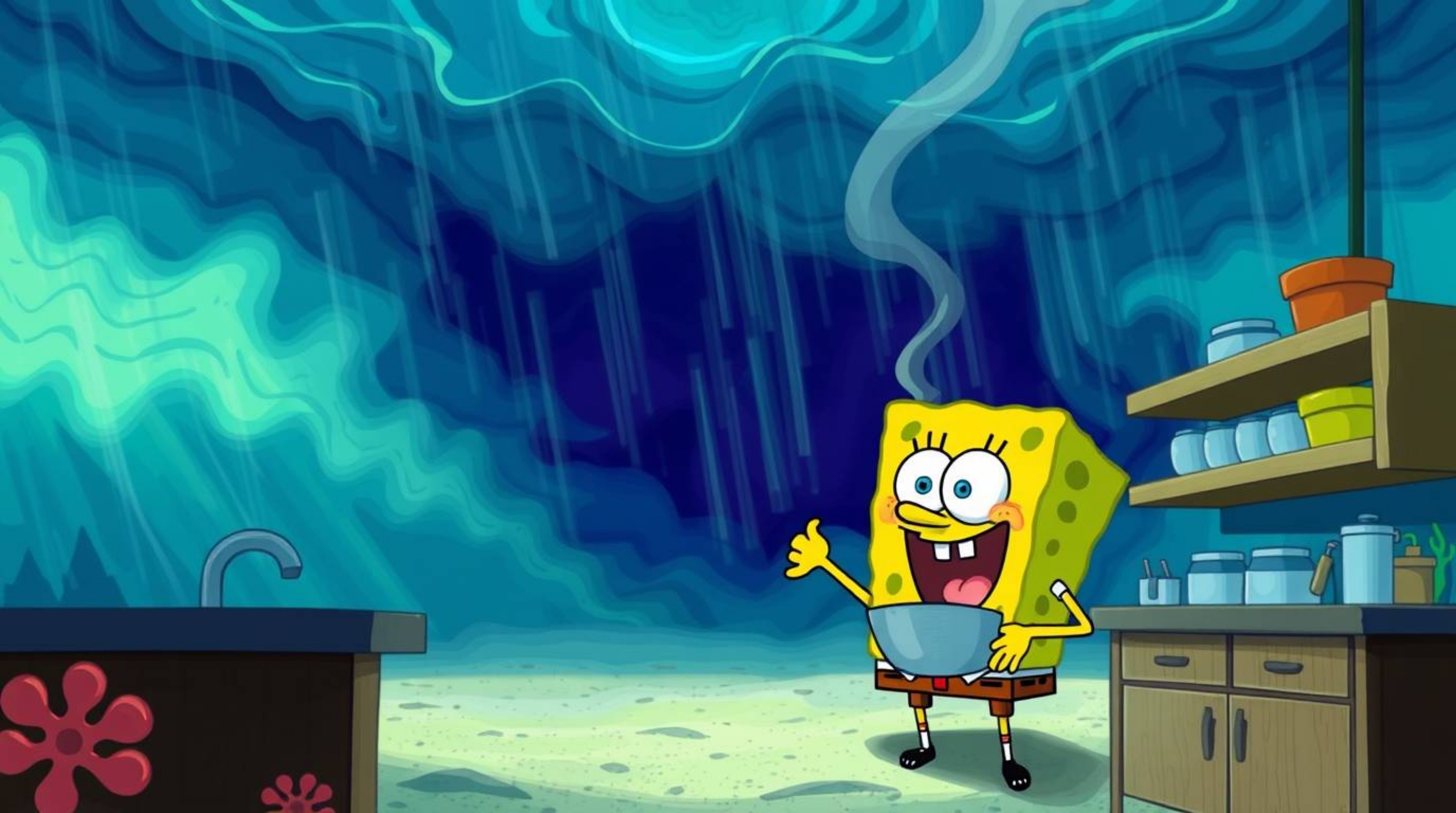 This artwork depicts a sponge character engrossed in cooking within an underwater kitchen, all while an intense and dramatic 