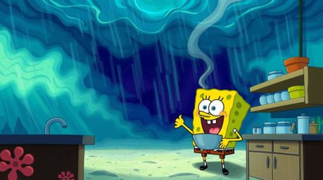 This artwork depicts a sponge character engrossed in cooking within an underwater kitchen, all while an intense and dramatic 