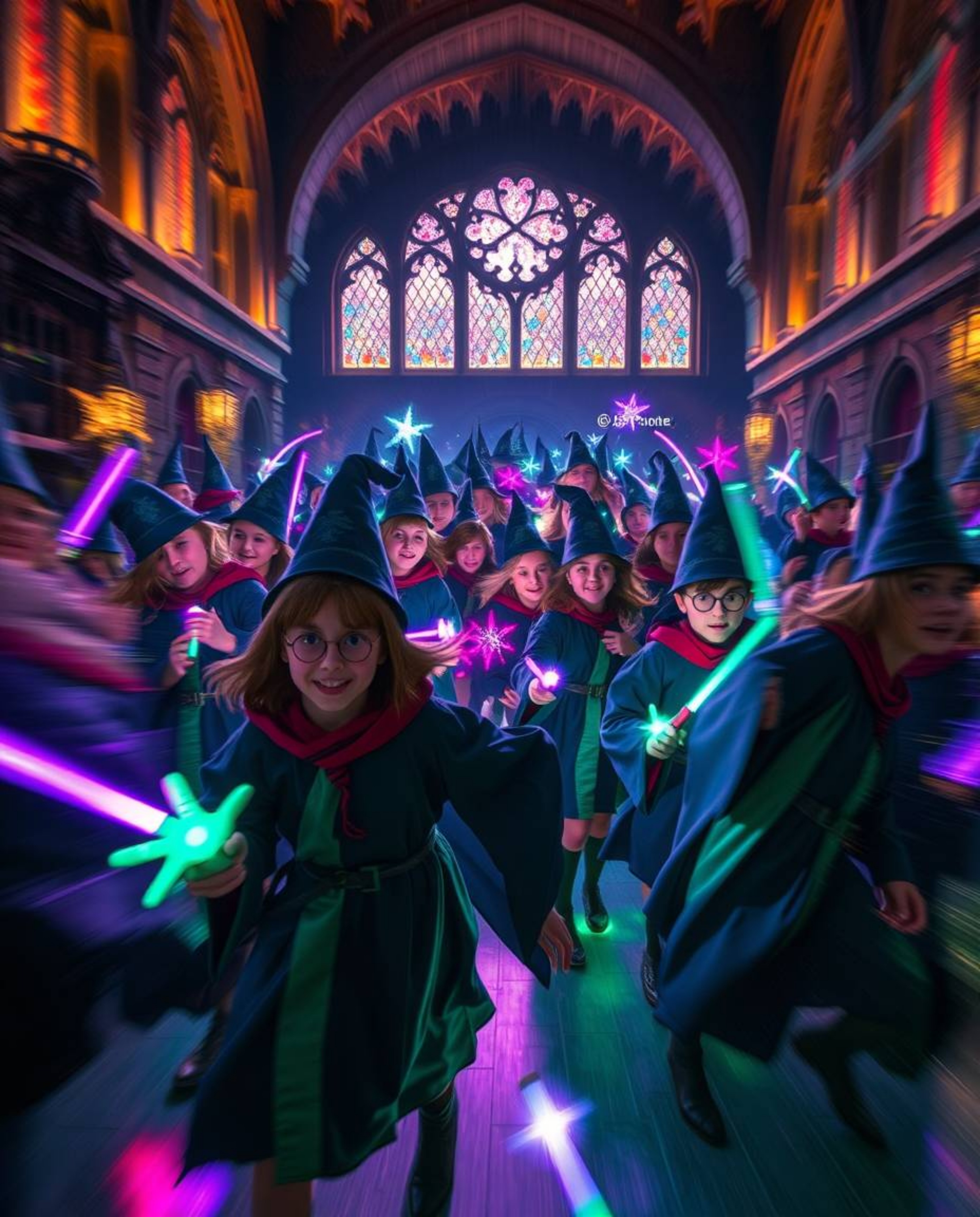 Experience a magical school teeming with young wizards, brought to life in dynamic motion with glowing bioluminescent colors.
