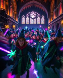 Experience a magical school teeming with young wizards, brought to life in dynamic motion with glowing bioluminescent colors.