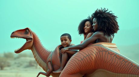 A captivating fine art photograph depicts a prehistoric family with diverse skin tones enjoying a ride in a dinosaur-shaped c