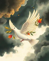 A captivating image featuring a dove carrying an olive branch through stormy skies, rendered in vibrant autumn colors with a 