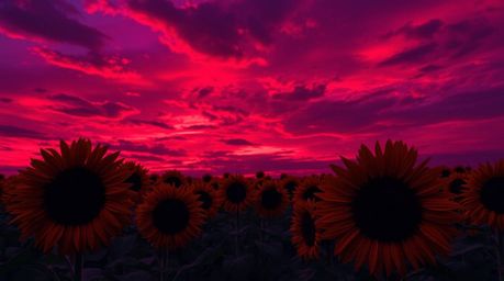 A captivating image of a sunflower field bathed in the unsettling glow of a deep red and purple sunset. Rendered in dark tone