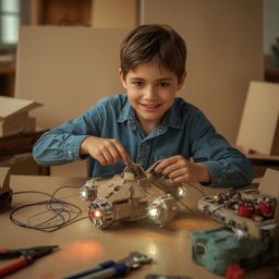 Exquisite high-fashion photography captures a young boy's joyful creation: a detailed, functional cardboard spaceship.  The i
